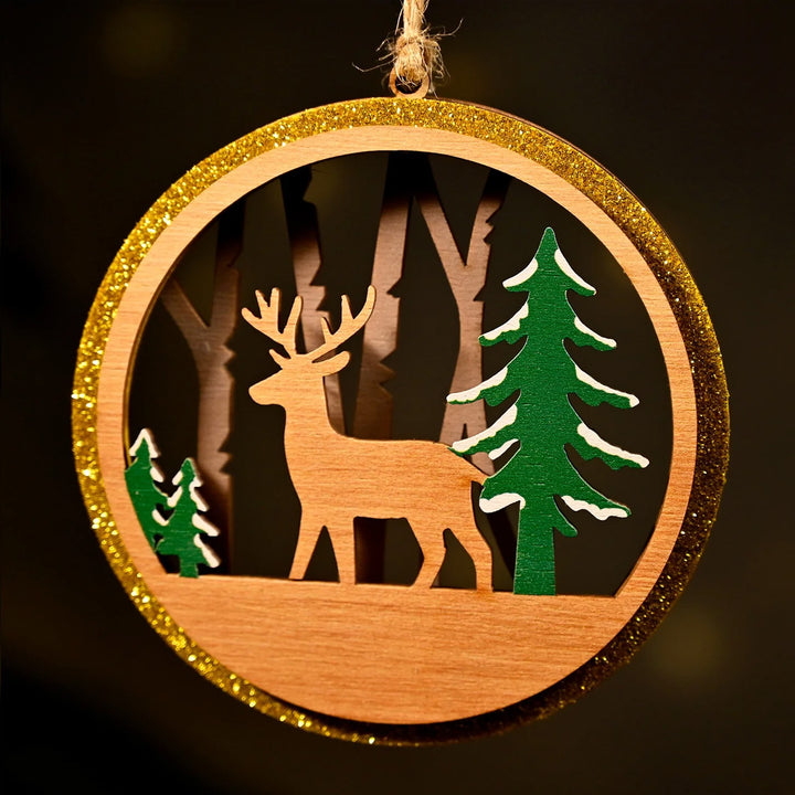 Laser Cut Reindeer & Xmas Tree Wooden Ornament For Christmas Decoration
