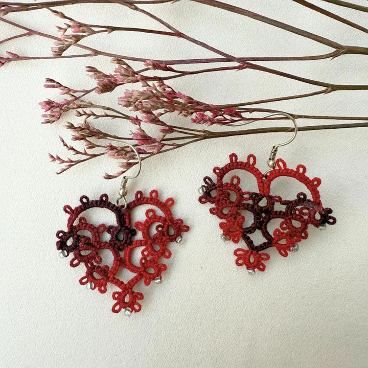Handmade Tatting Heart Shaped Lace Cotton Earrings