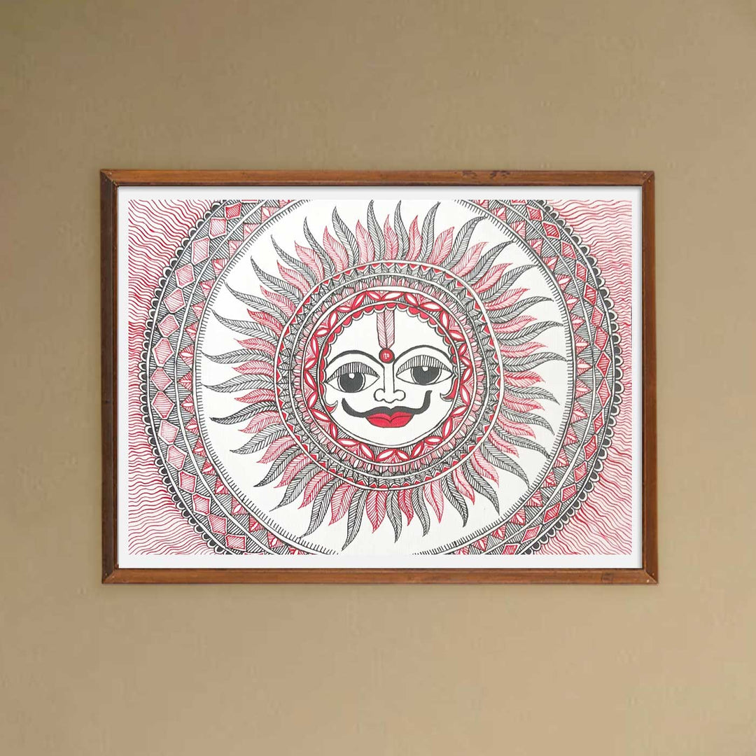 11 x 8 Inch | The Radiant Guardian Sun | Original Hand Painted Madhubani Painting | Nib Ink On Paper