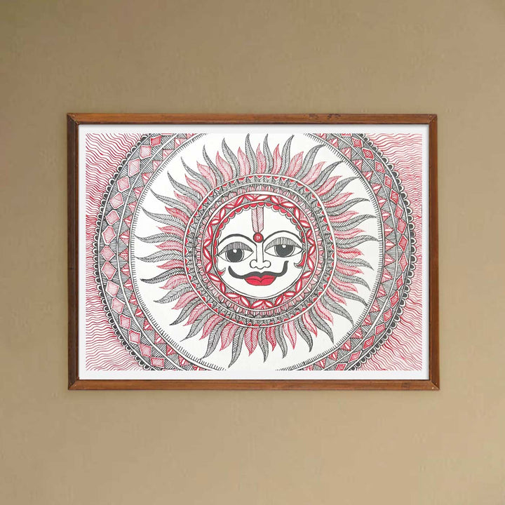 11 x 8 Inch | The Radiant Guardian Sun | Original Hand Painted Madhubani Painting | Nib Ink On Paper