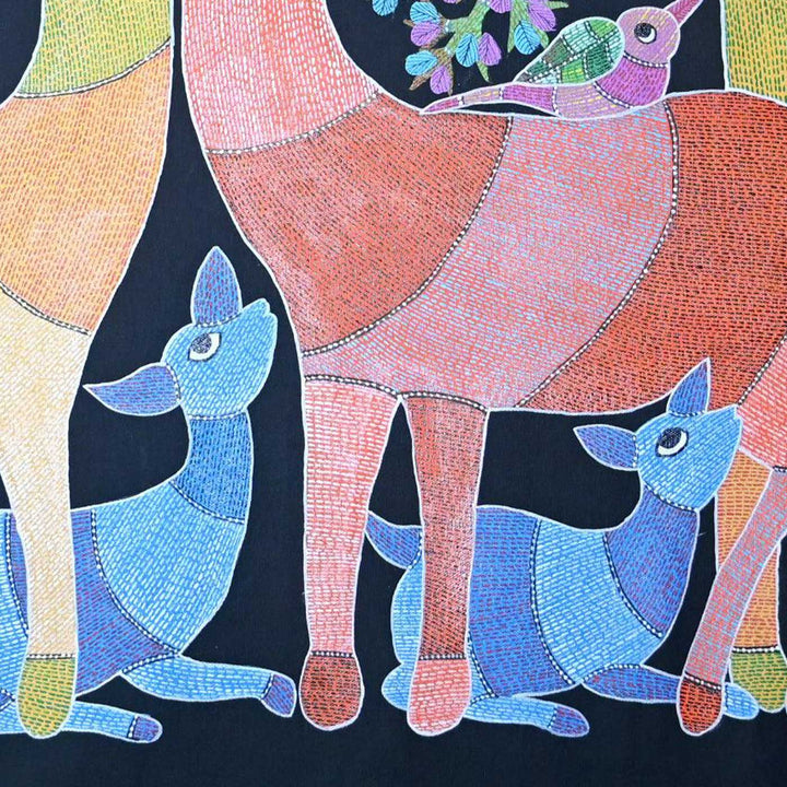 15 x 22 Inch | Birds & Deers | Original Hand Painted Tribal Gond Art Painting | Acrylic Paints On Canvas