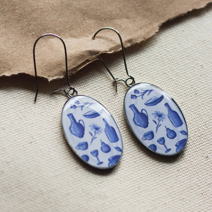 Illustrated White Ceramic Objects Inspired Resin & Stainless Steel Earrings