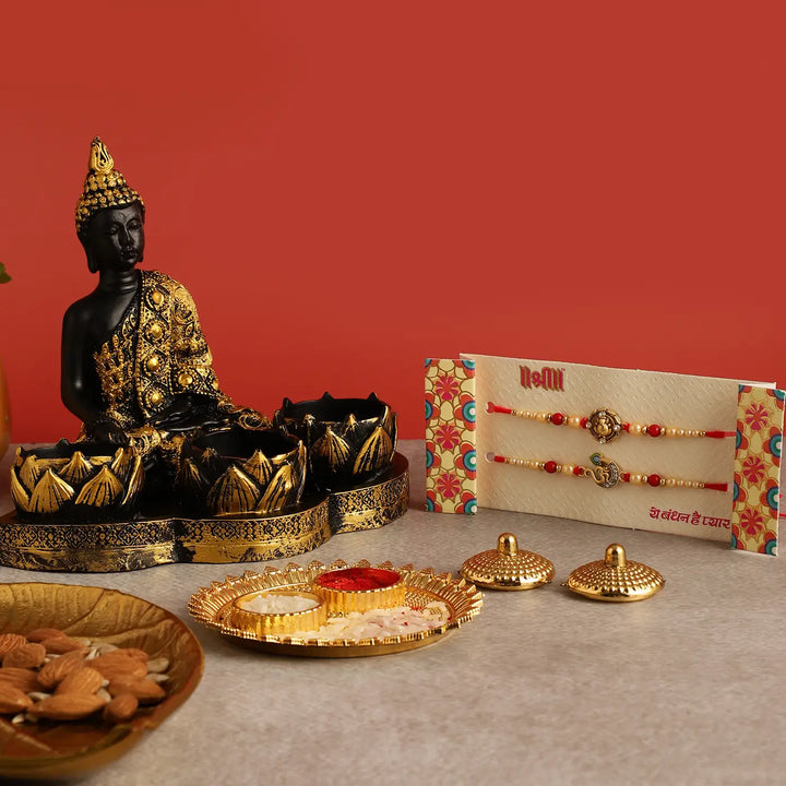 Handmade Festive Rakhi Hamper | Includes 1 Buddha Candle Holder, 1 Ganesha Rakhi, 1 Om Rakhi, 1 Roli Chawal