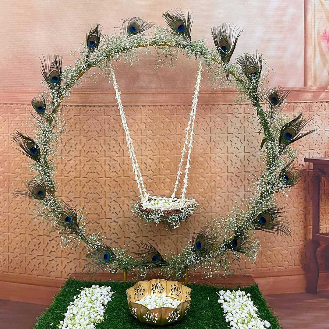 Peacock Circle Golden Backdrop Decor Kit With 18 Feathers For Pooja