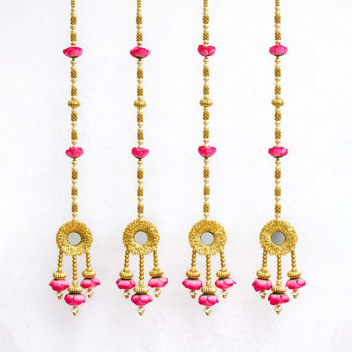 Handcrafted Pink Rose And Mirror Tassel Door Hangings With Pearls, Bells And Gold Bead Detailing