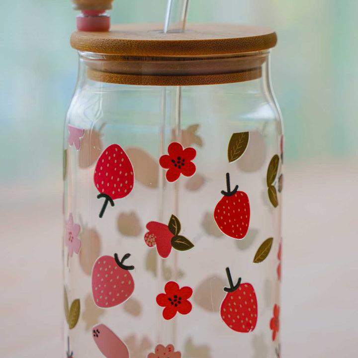 Cute Printed "Strawberry" Theme Glass Tumbler With Straw For Kids