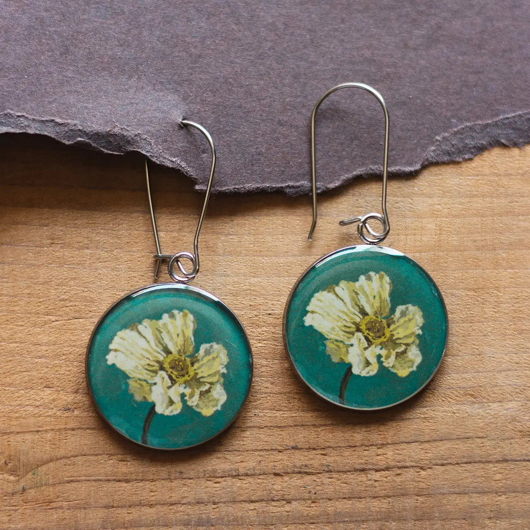 Illustrated White Poppy Flower Design Resin & Stainless Steel Earrings
