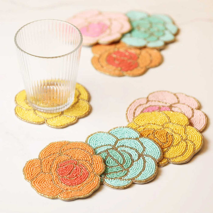 Handmade Beaded Rose Theme Jute Coaster Set | Set Of 4
