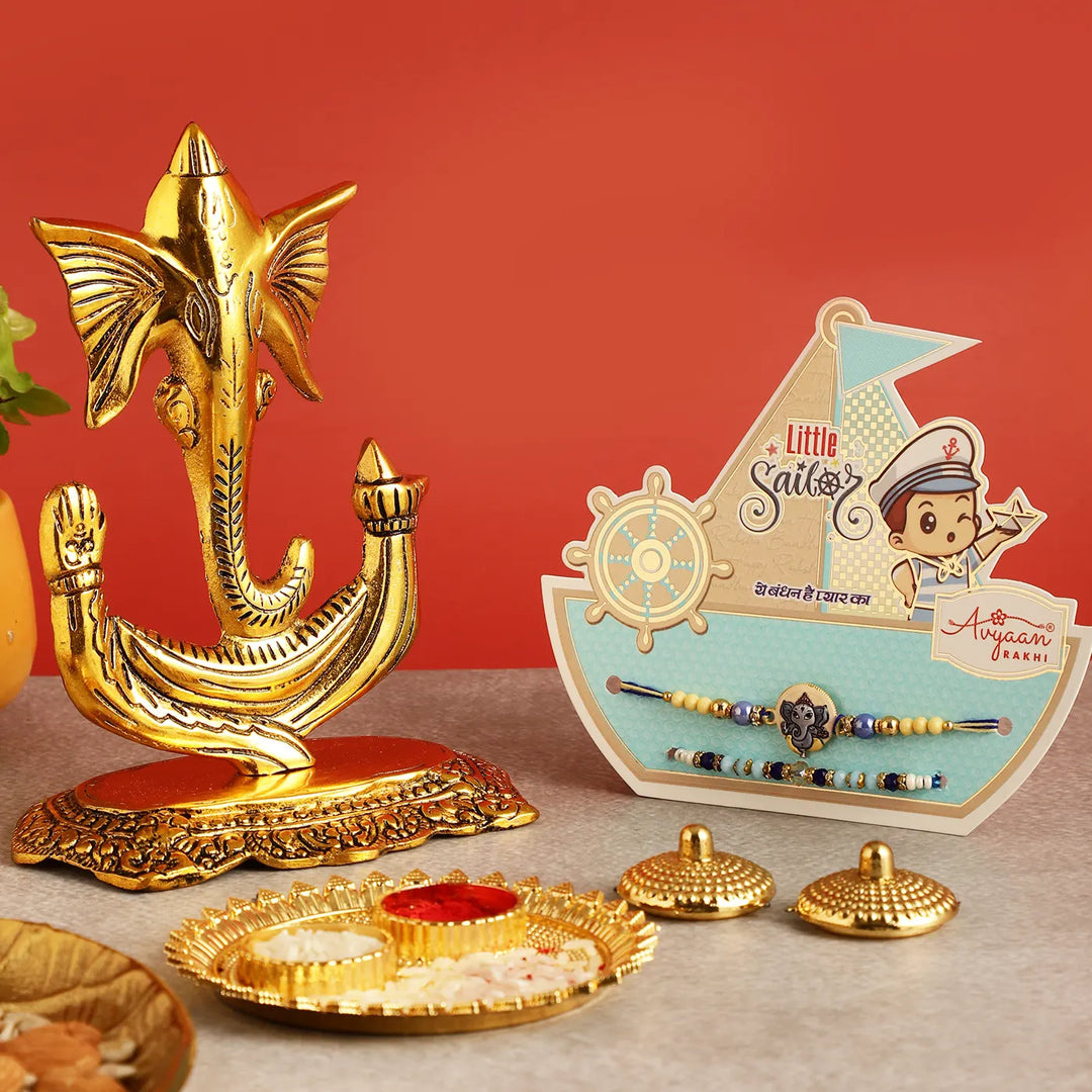 Handmade Ganesha Rakhi Hamper | Includes 1 Ganesha Idol, 2 Rakhis, 1 Roli Chawal
