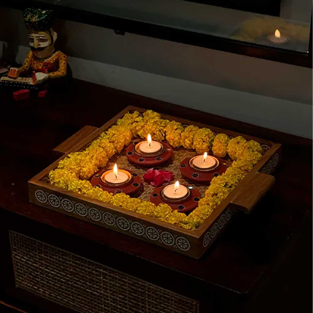 Set of 5 | Natural Finish Hand-Painted Terracotta Disc & Long Diya Tealight Holders For Festive Decor