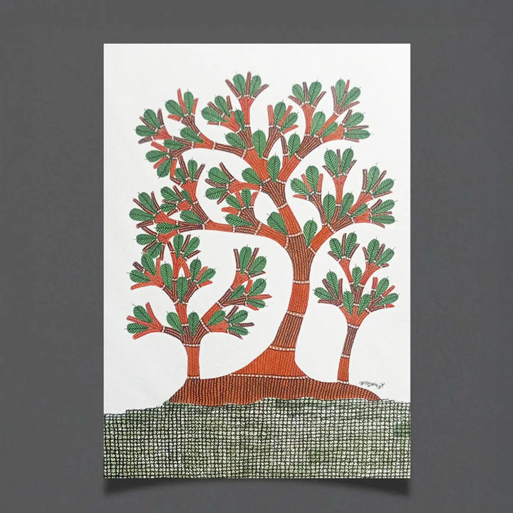 11 x 16 Inch | Tree of Life | Original Hand Painted Tribal Gond Art Painting | Acrylic Paint On Paper