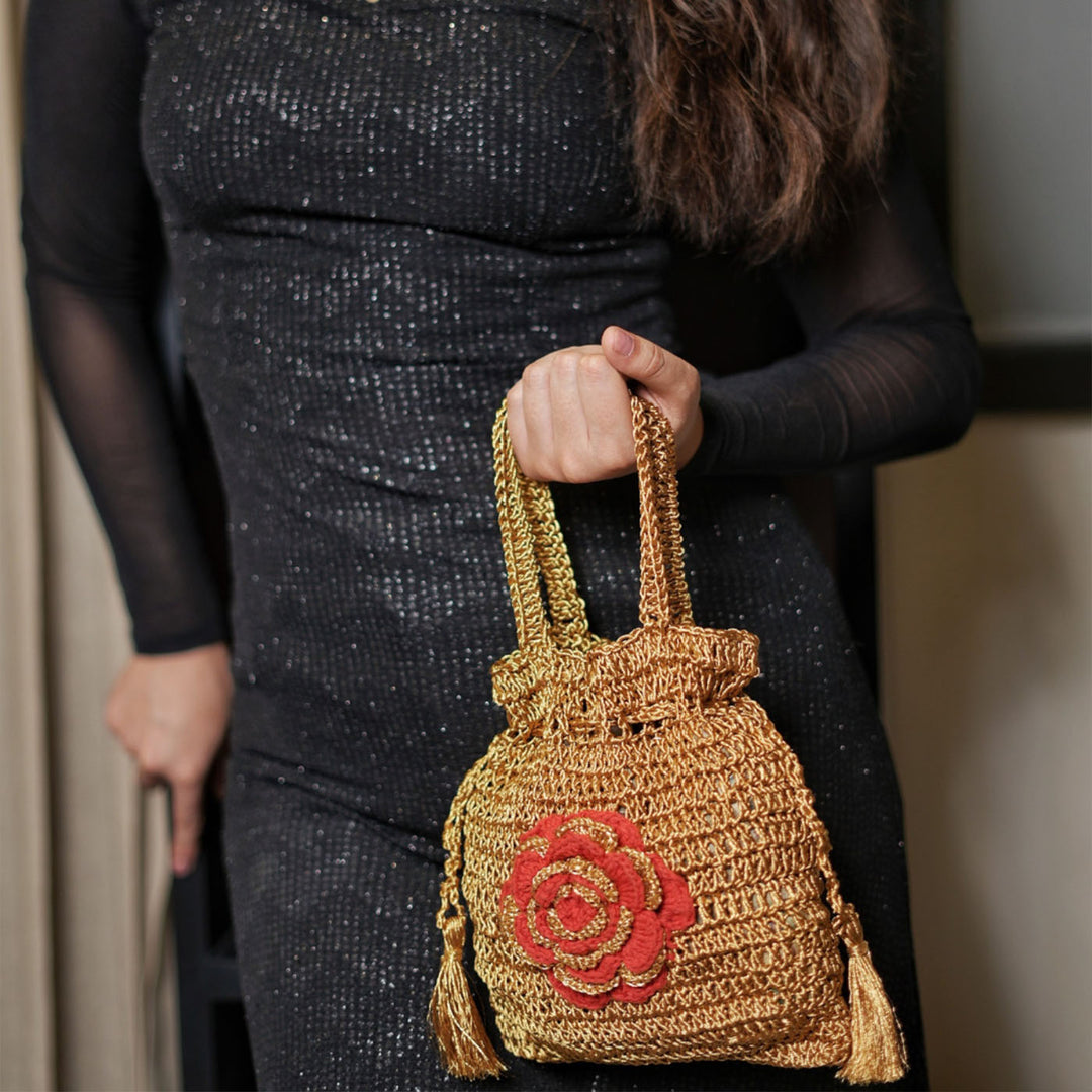 Handmade Crochet Floral Golden Potli