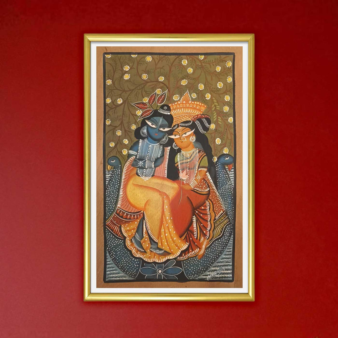 14 x 24 Inch | Radha Krishna Love | Original Hand Painted Kalighat Painting | Natural Pigment On Paper