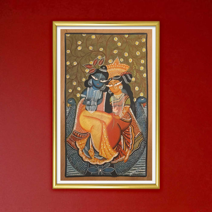 14 x 24 Inch | Radha Krishna Love | Original Hand Painted Kalighat Painting | Natural Pigment On Paper