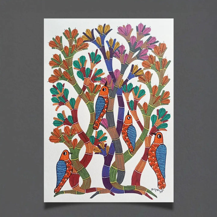 11 x 16 Inch | Birds & Nature | Original Hand Painted Tribal Gond Art Painting | Acrylic Paint On Paper