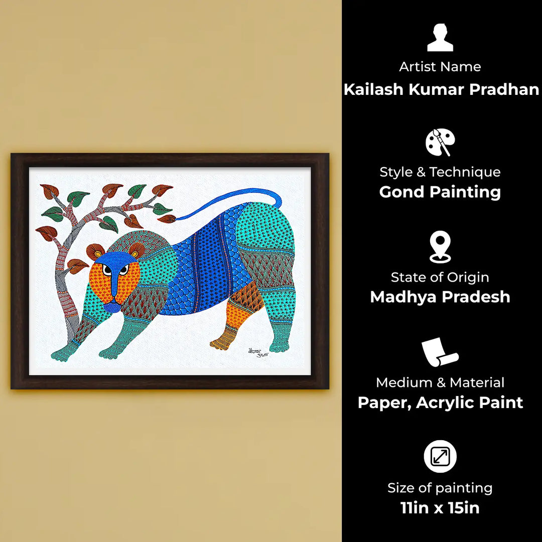 11 x15 Inch | Lion & Tree | Original Hand Painted Tribal Gond Art Painting | Acrylic Paints On Paper