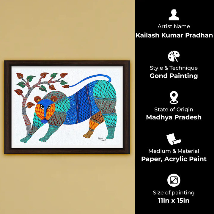 11 x15 Inch | Lion & Tree | Original Hand Painted Tribal Gond Art Painting | Acrylic Paints On Paper