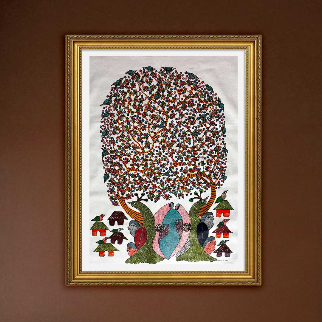 24 x 36 Inch | Guardians of the Village | Original Hand Painted Tribal Gond Art Painting | Acrylic Paints On Paper