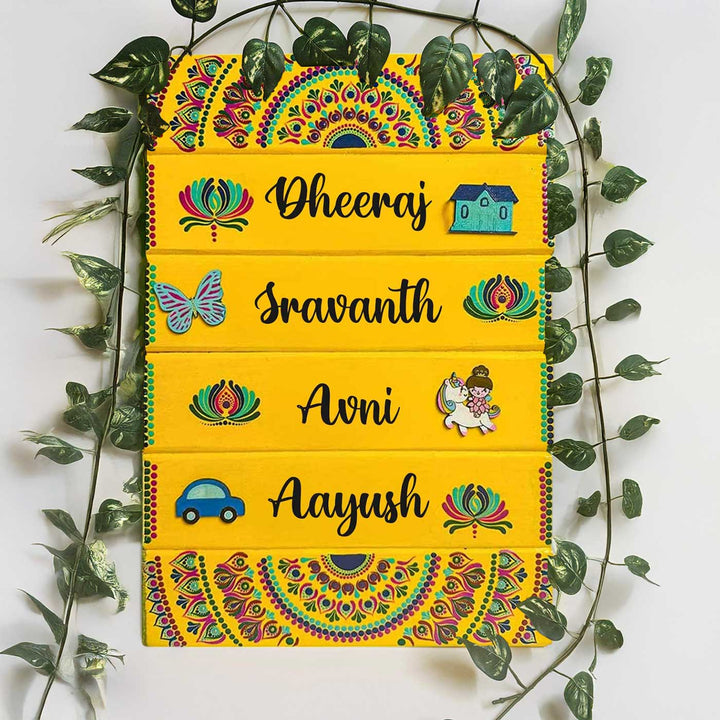 Personalized Hand-Painted Dot Mandala Yellow Vertical Mdf Wood Name Plate For Family