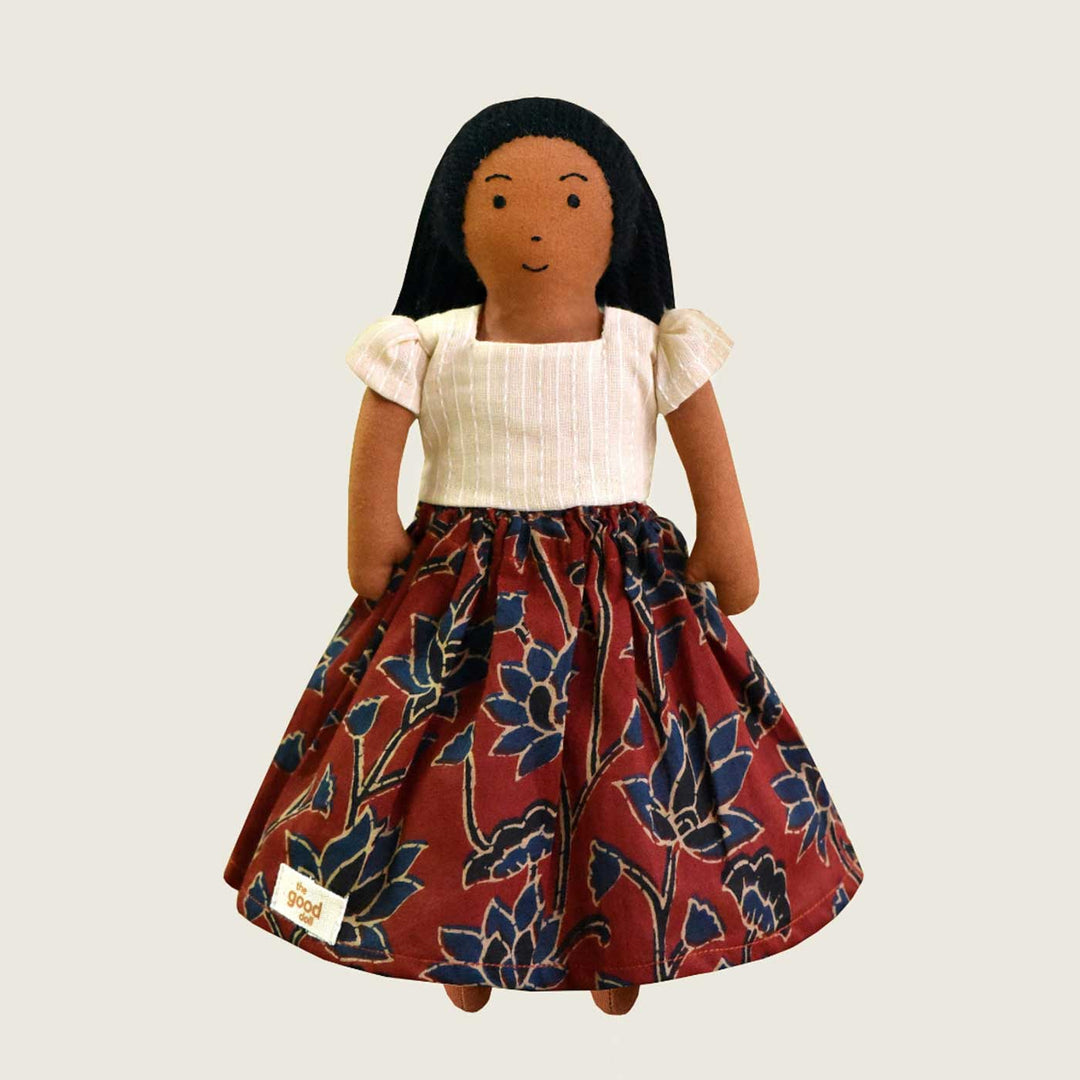 Nilah's (Younger Sister) Malar In White & Red Dress | Soft Hand-Stitched Sustainable Indian Play Doll