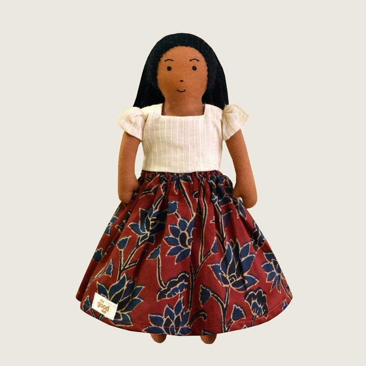 Nilah's (Younger Sister) Malar In White & Red Dress | Soft Hand-Stitched Sustainable Indian Play Doll