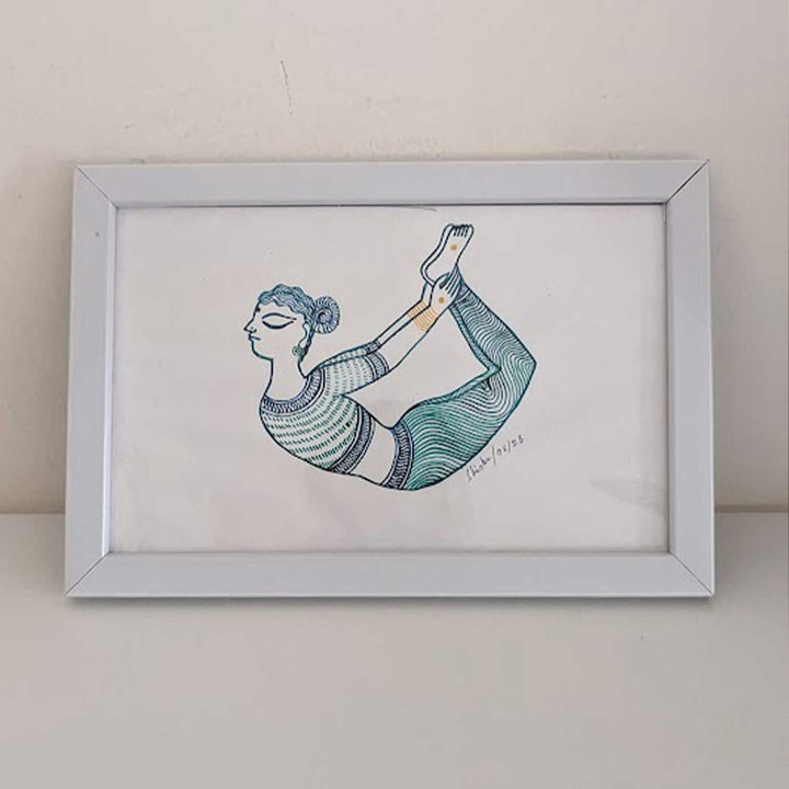 6 x 9 Inch | Dhanurasan Yoga Pose | Minimalist Black & White Mudhubani Style Line Drawing With Frame