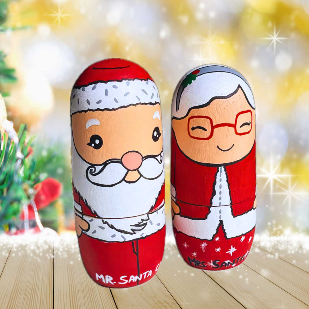 Hand-Painted Mr.Santa And Mrs. Claus Wooden Dolls For Christmas Decoration | Set Of 2