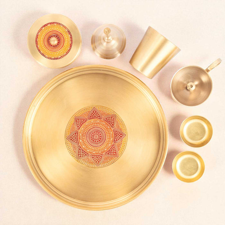 Hand-Painted Bhakti Pujan Brass Gift Hamper | Includes 1 Bell, 1 Diya, 2 Kumkum Katori, 1 Prasad Box, 1 Glass And 1 Pooja Plate