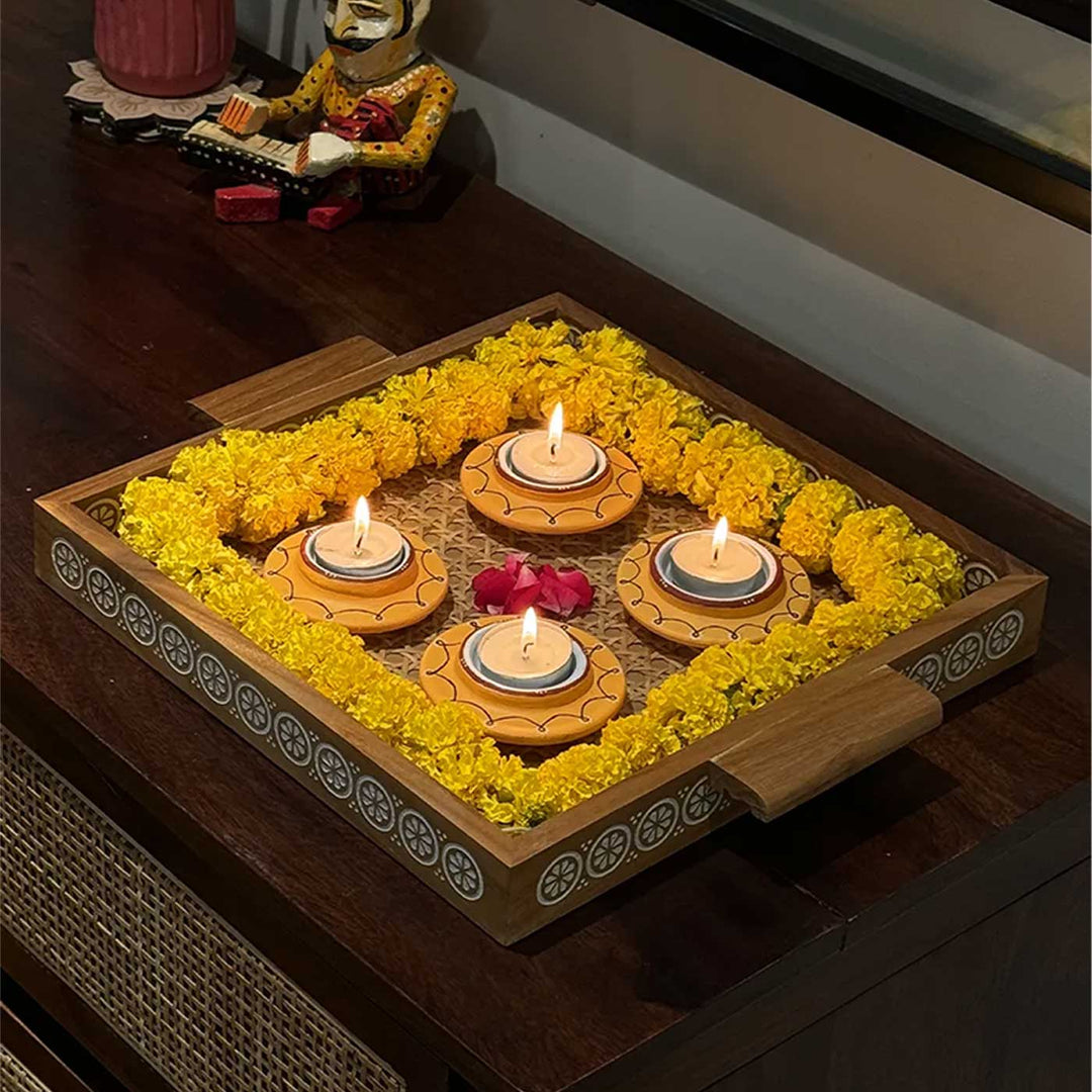 Set of 5 | Sunny Yellow Hand-Painted Terracotta Disc & Long Diya Tealight Holders For Festive Decor