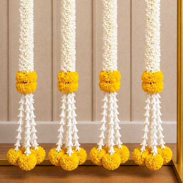 Handcrafted Jasmine and Marigold Artificial Flower Hangings With Gold Bead Detailing