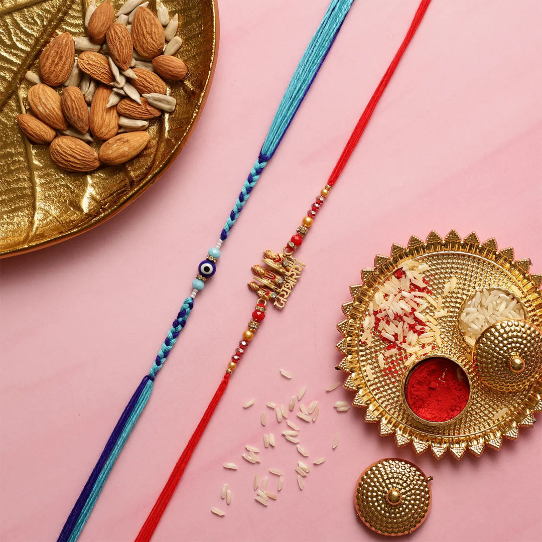 Handmade "Jai Shri Ram" & Evil Eye Rakhi With Roli Chawal | Set Of 2
