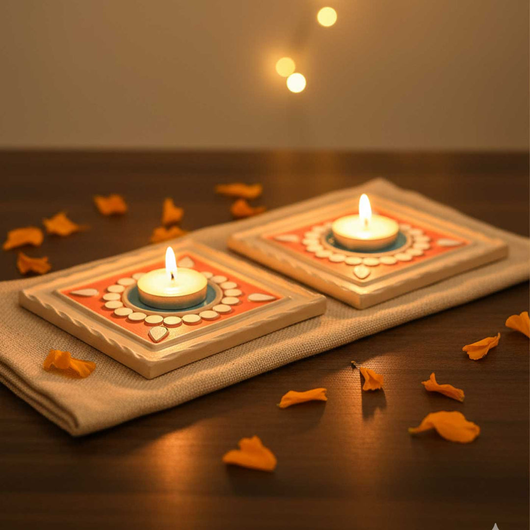 Handmade Mirror Work Gulabi Lippan Clay Tealight Holder With Tealights | Set Of 2