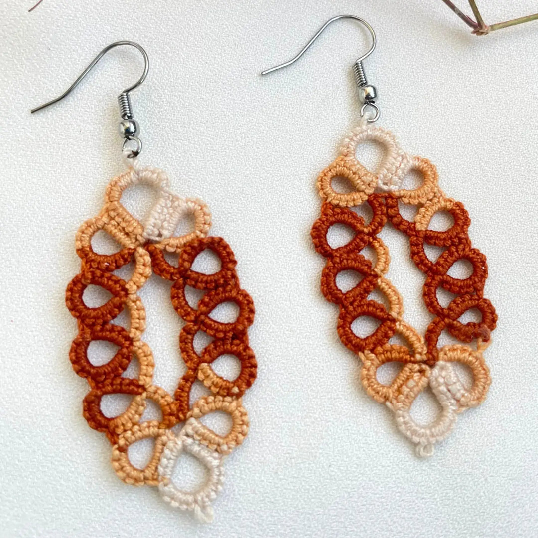 Handmade Tatting Triple Color Oval Shaped Cotton Earrings