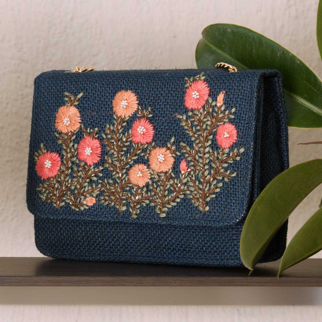 Personalized Embroidered Pink Buttercups Blue Flap Bag