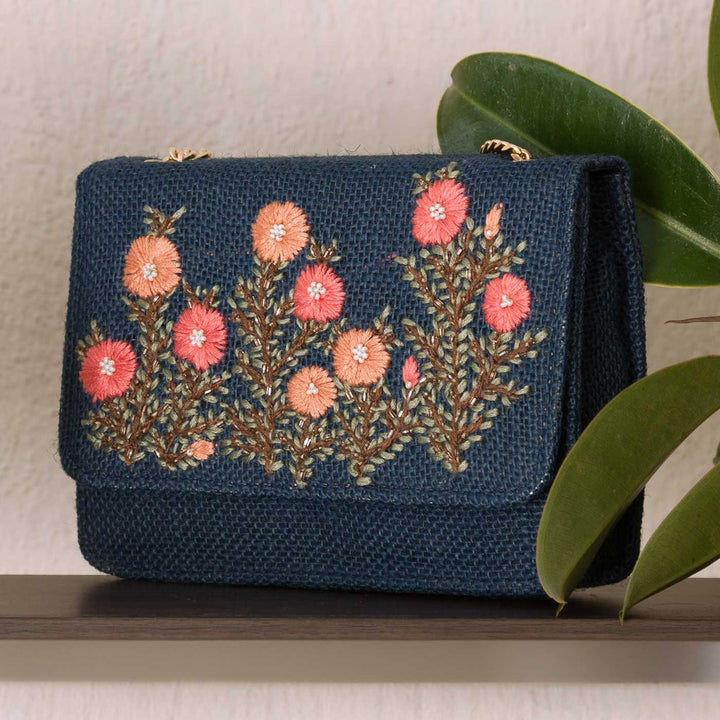 Personalized Embroidered Pink Buttercups Blue Flap Bag