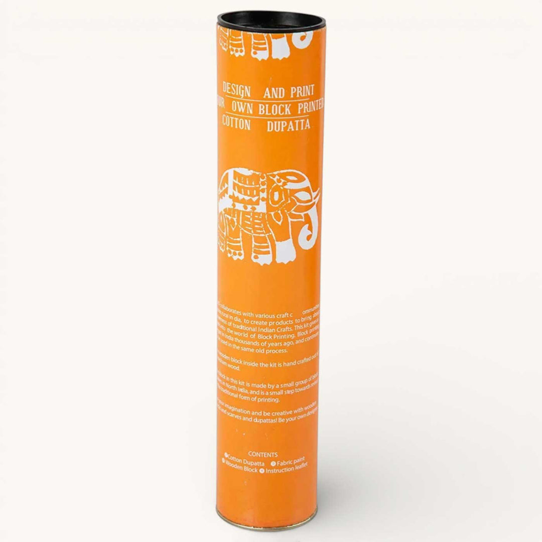 Orange Elephant Dupatta Block Print DIY Kit | Includes 1 White cotton dupatta, 1 Fabric paint, 1 Wooden block And 1 Sponge