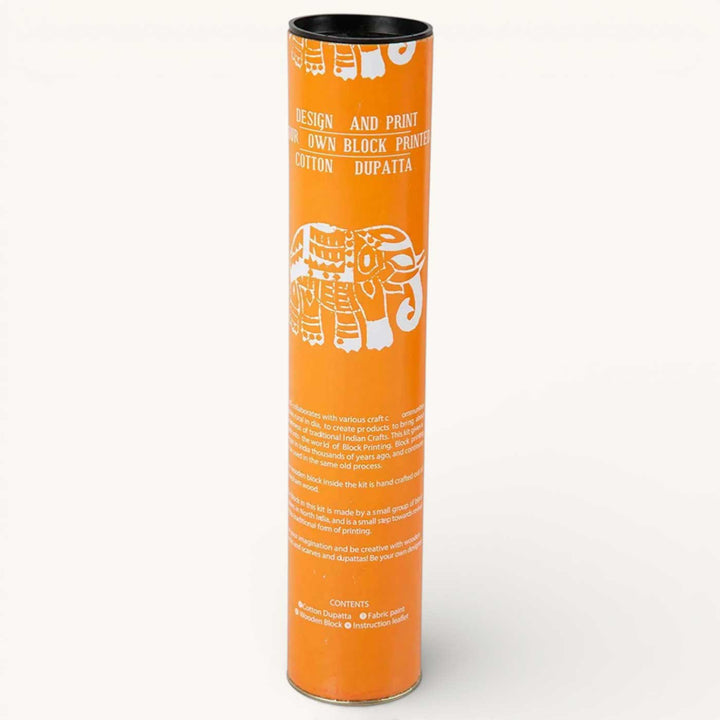 Orange Elephant Dupatta Block Print DIY Kit | Includes 1 White cotton dupatta, 1 Fabric paint, 1 Wooden block And 1 Sponge
