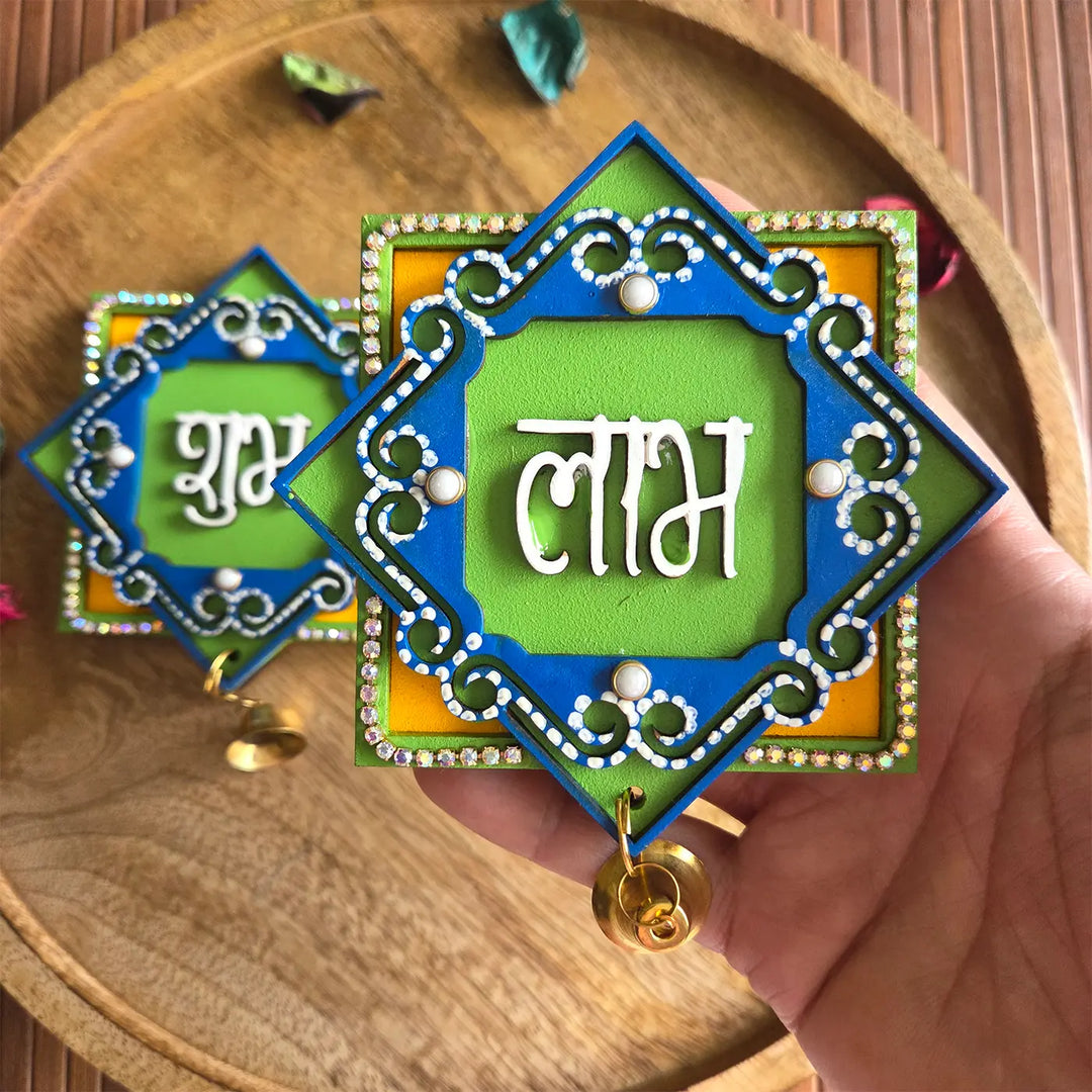 Hand-Painted Chaurang MDF Wood Shubh Labh Hangings | Set Of 2