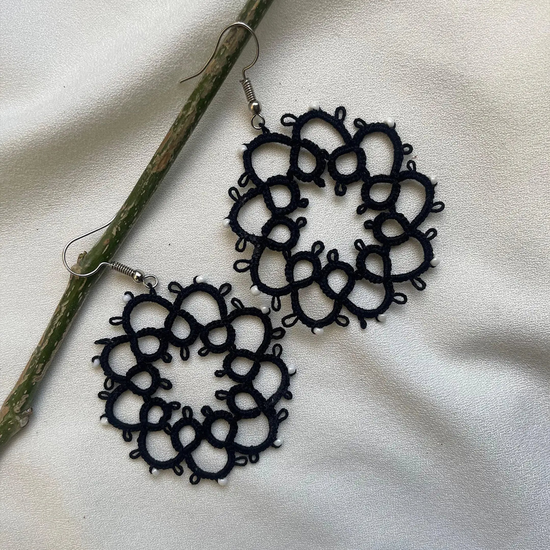 Handmade Tatting Black Atomic Inspired Cotton Lace Earrings