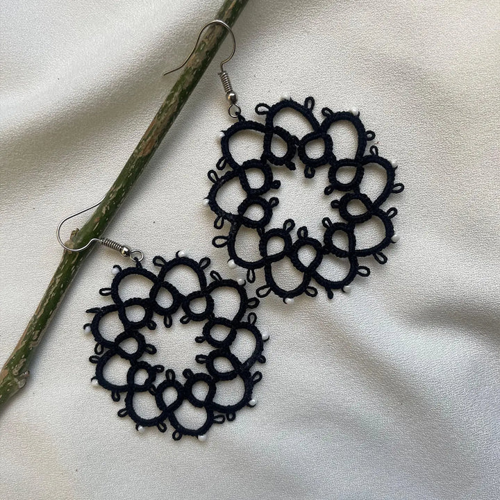 Handmade Tatting Black Atomic Inspired Cotton Lace Earrings
