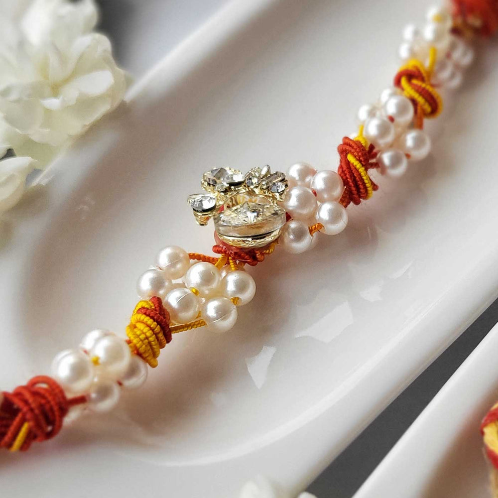 Handmade Beaded Swaroski Stone Rakhi Hamper With Roli Chawal For Sisters - Close-up Detailing