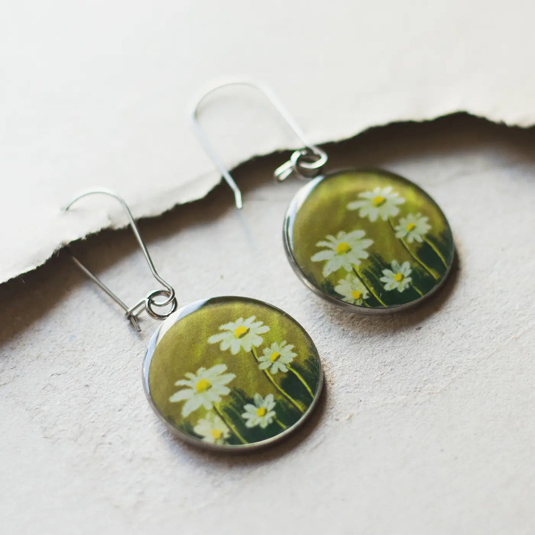 Illustrated Daisies Flower Design Resin & Stainless Steel Earrings