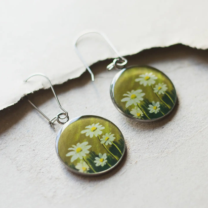 Illustrated Daisies Flower Design Resin & Stainless Steel Earrings