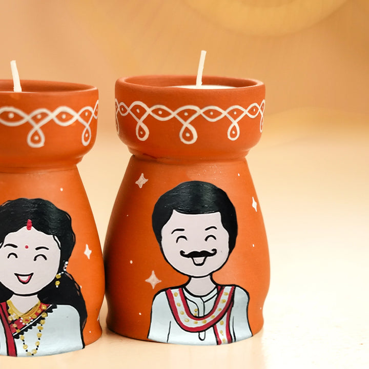 Hand-Painted Bengali Couple Terracotta Tealight Holder | Set Of 2