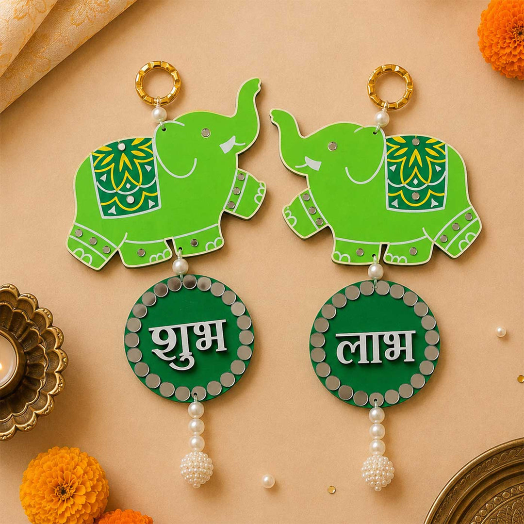 Handcrafted Elephant Shubh Labh Hanging | Set Of 2