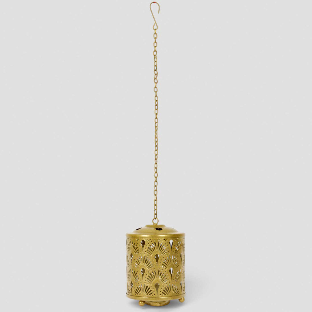 Handmade Gold Round Flower Etched Hanging Metal Tealight Holder For Festive Decor