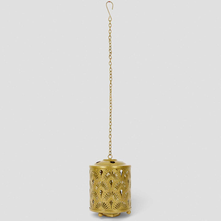 Handmade Gold Round Flower Etched Hanging Metal Tealight Holder For Festive Decor
