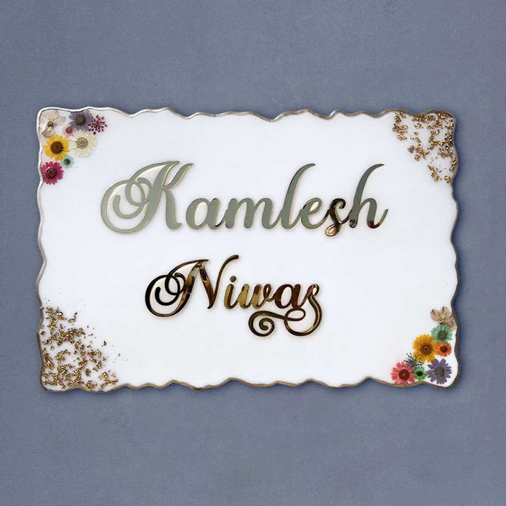 Handcrafted Resin Pressed Flower Nameplate - Front View on Gray Background