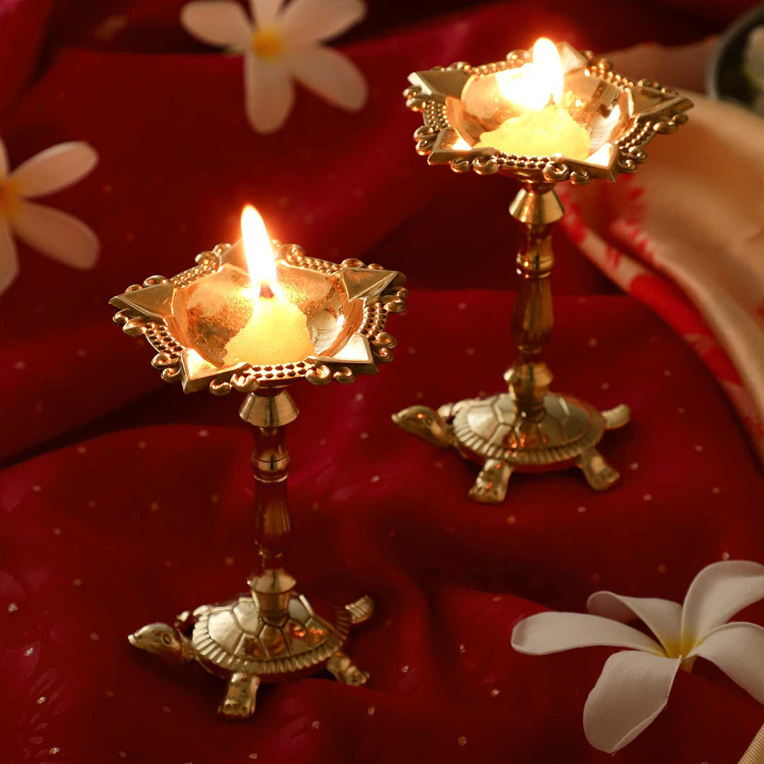 2 pc | Turtle Base Brass Kurma Oil Lamp With Tall Stand For Festive Decor