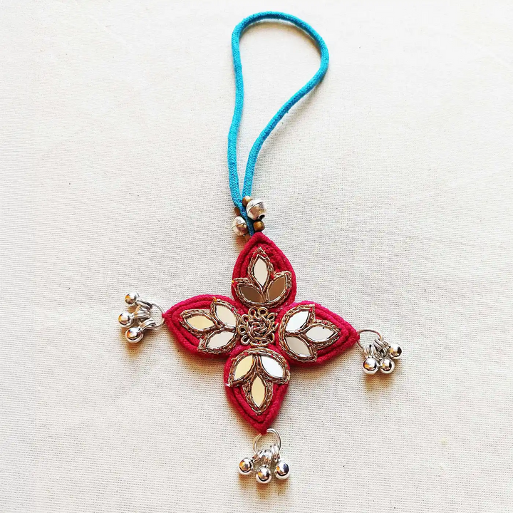 Handmade Mirror Work Lotus Bhaiya Bhabhi Rakhi With Roli Chawal Set Of 2 - Close-up Front View